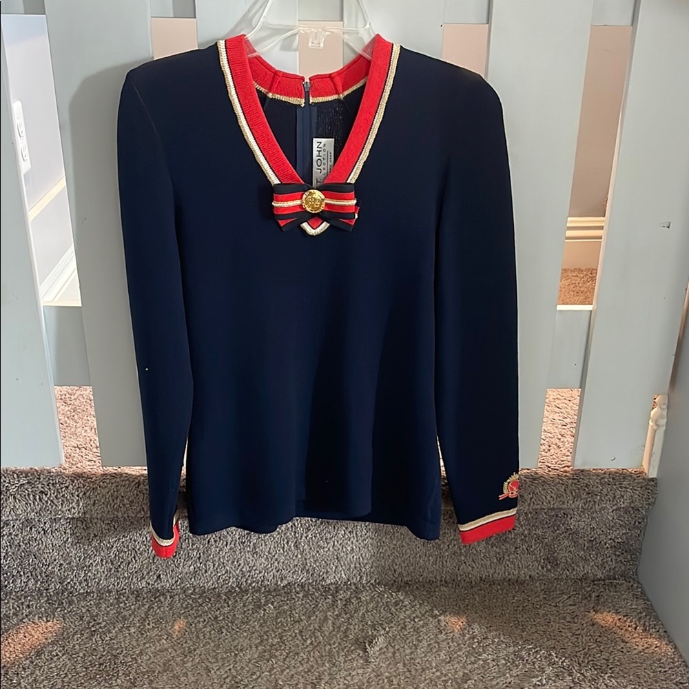 St John Navy Sweater with Red and Gold Accents